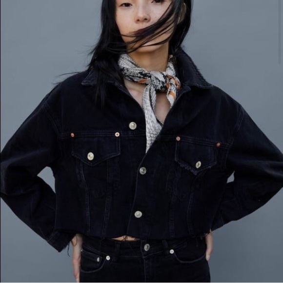 cropped black denim jacket zara